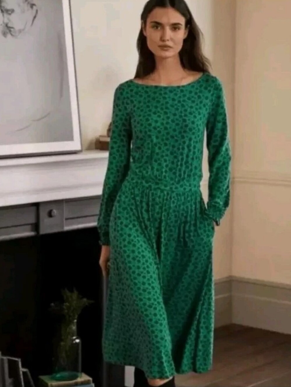 Boden Midi Dress Size 12 Green Floral Long Sleeve Jeresey Stretch Knit